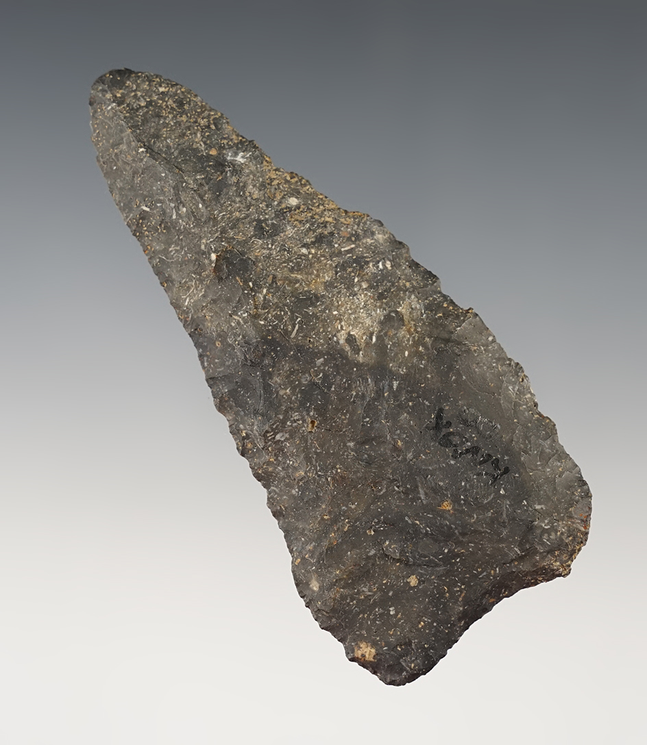 3 3/4" Knife with good ancient grinding to the base. Found in Knox Co., Ohio.