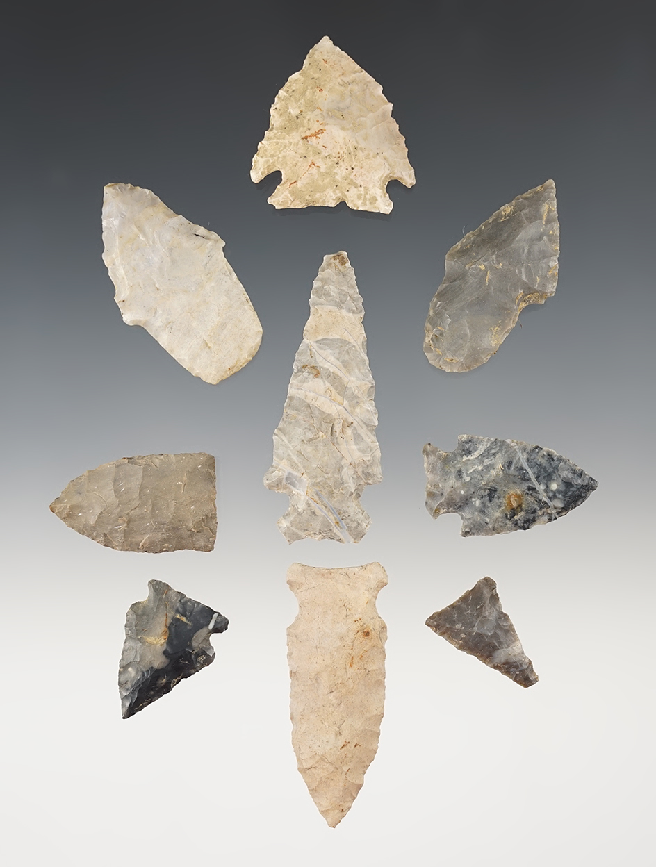 Set of 9 assorted points found in the Hancock Co., Ohio area. The largest is 2 1/4".