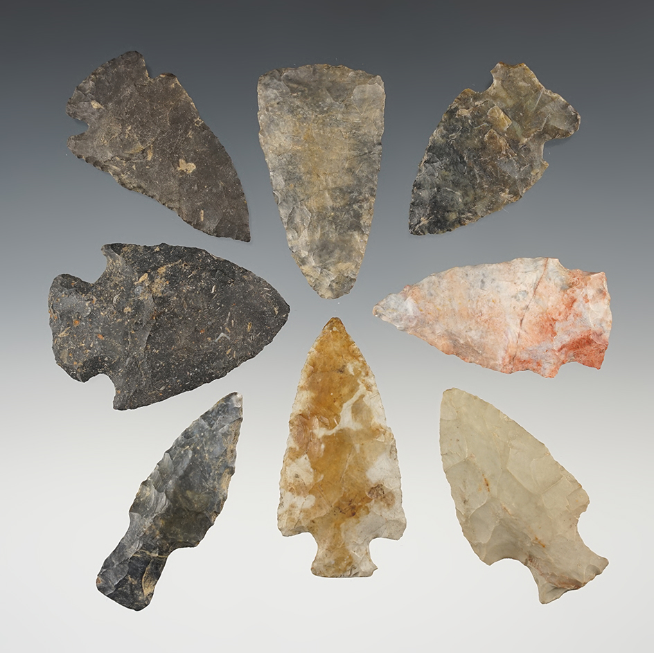 Set of 8 assorted points found in Stark & Tuscarawas Co., Ohio. The largest is 2 1/4".