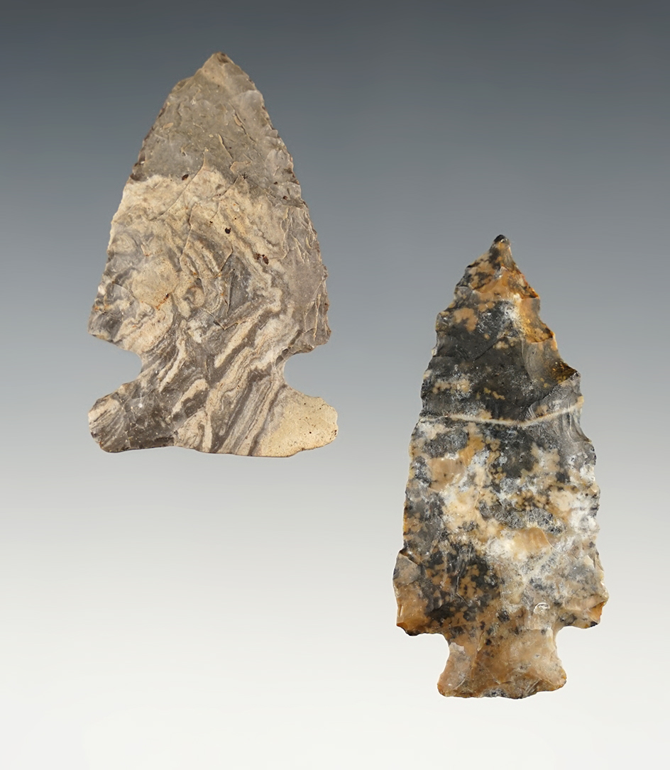 Pair of fine Ohio points - well made Big Sandy and a serrated Stemmed Kirk. Largest is 2 1/4".