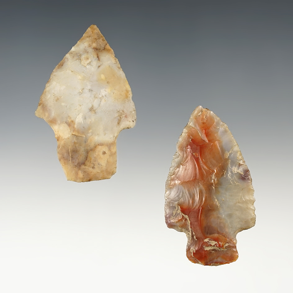Pair of colorful Flint Ridge Adena points found in Stark Co., Ohio. The largest is 2 3/16".