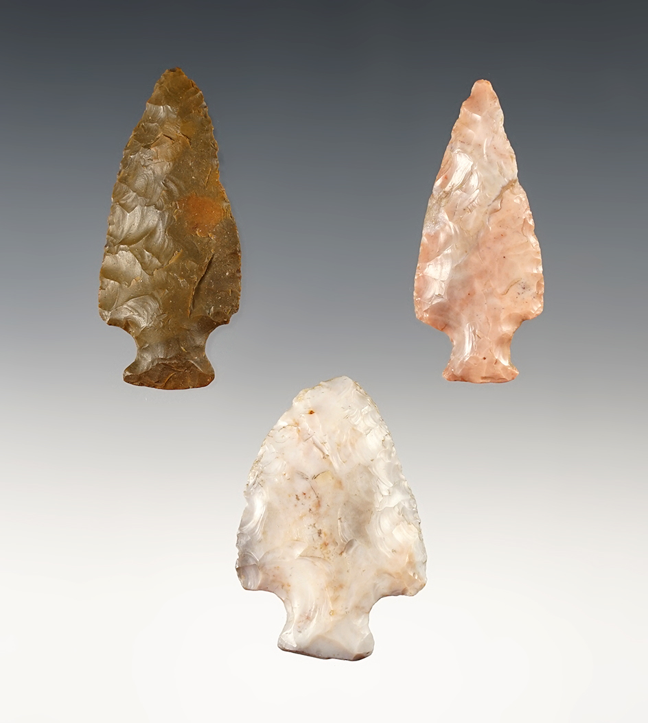 Set of 3 Ohio Bottlenecks made from Flint Ridge Flint. The largest is 2 1/16".