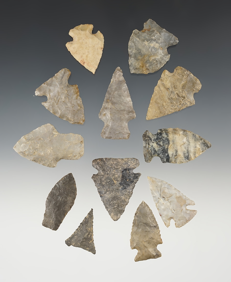Set of 12 assorted points found in Stark, Tuscarawas & Holmes Co., Ohio. The largest is 1 3/4".