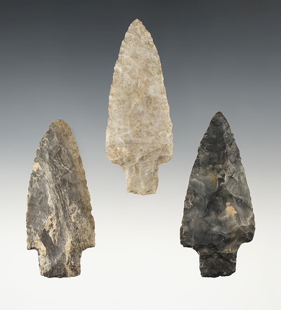 Set of 3 well made Adena points found in Tuscarawas Co., Ohio. The largest is 3 1/8".