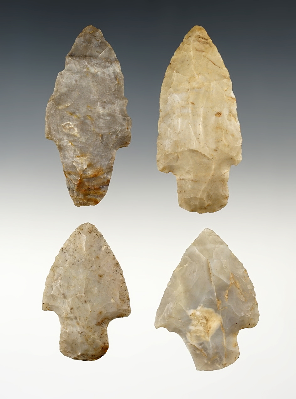 Set of 4 nice Flint Ridge Adena points found in Stark Co., Ohio. The largest is 2 11/16".