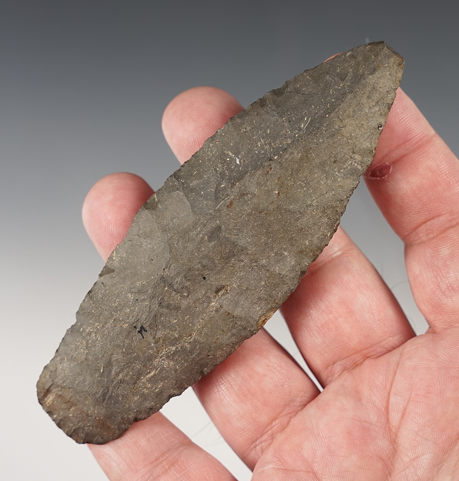 Patinated 4 3/8" Paleo Lanceolate .Found in Mandale, Putnam Co., Ohio.