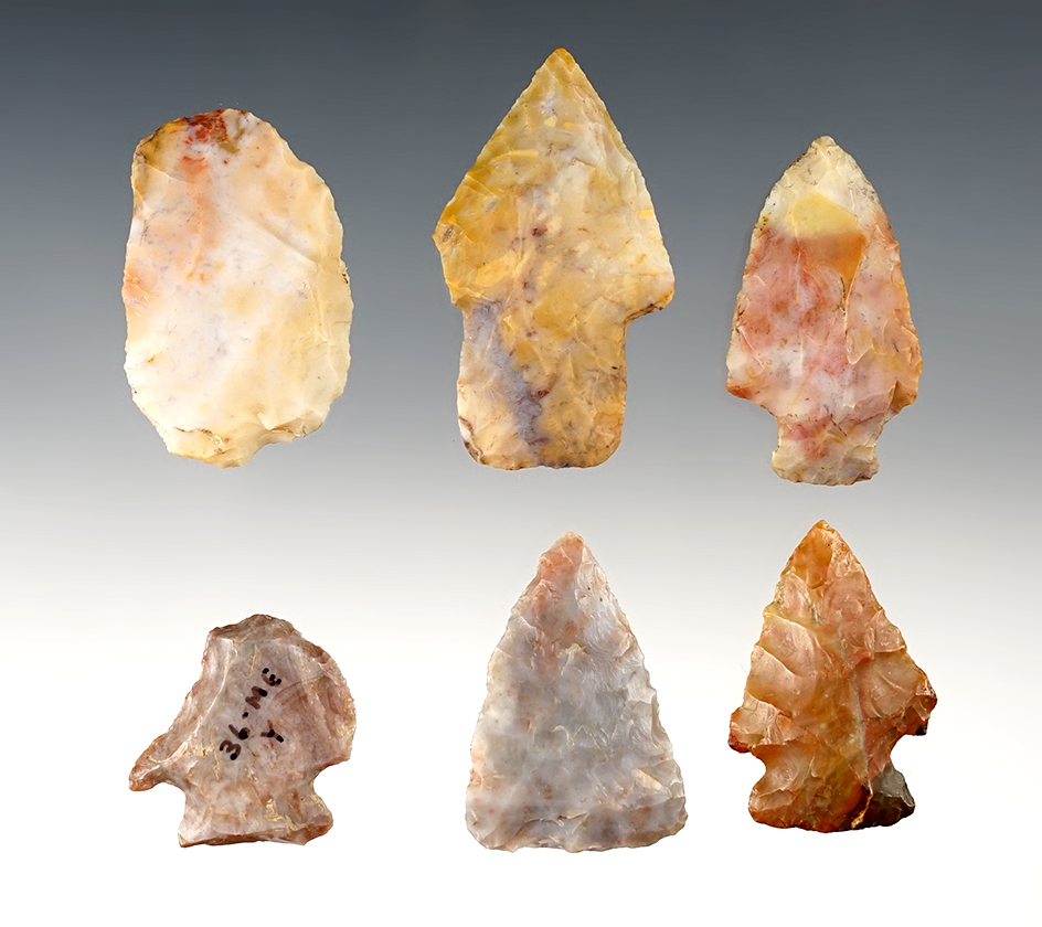 Set of 6 colorful Ohio points made from Flint Ridge Flint. The largest is 2".