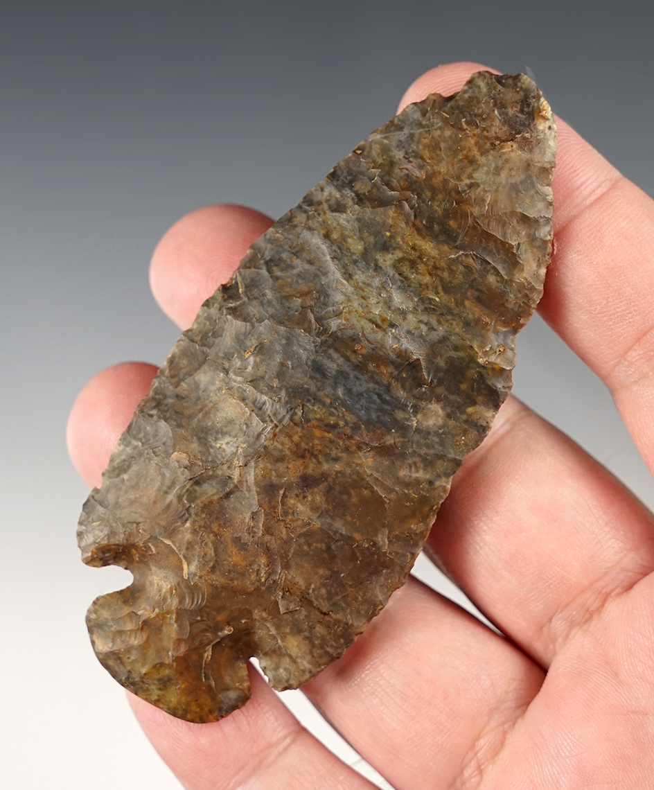 3 5/8" heavily patinated Dovetail made from Coshocton Flint. Found in Fayette Co., Ohio.