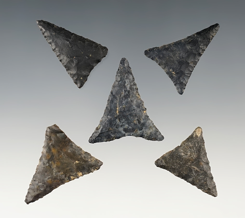 Set of 5 well flaked Triangles found in Stark Co., Ohio. The largest is 1 7/16".