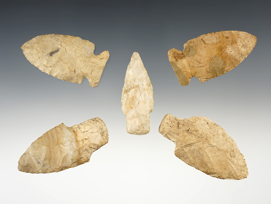 Set of 5 nicely made points found in Stark Co., Ohio. The largest is 2 3/8".