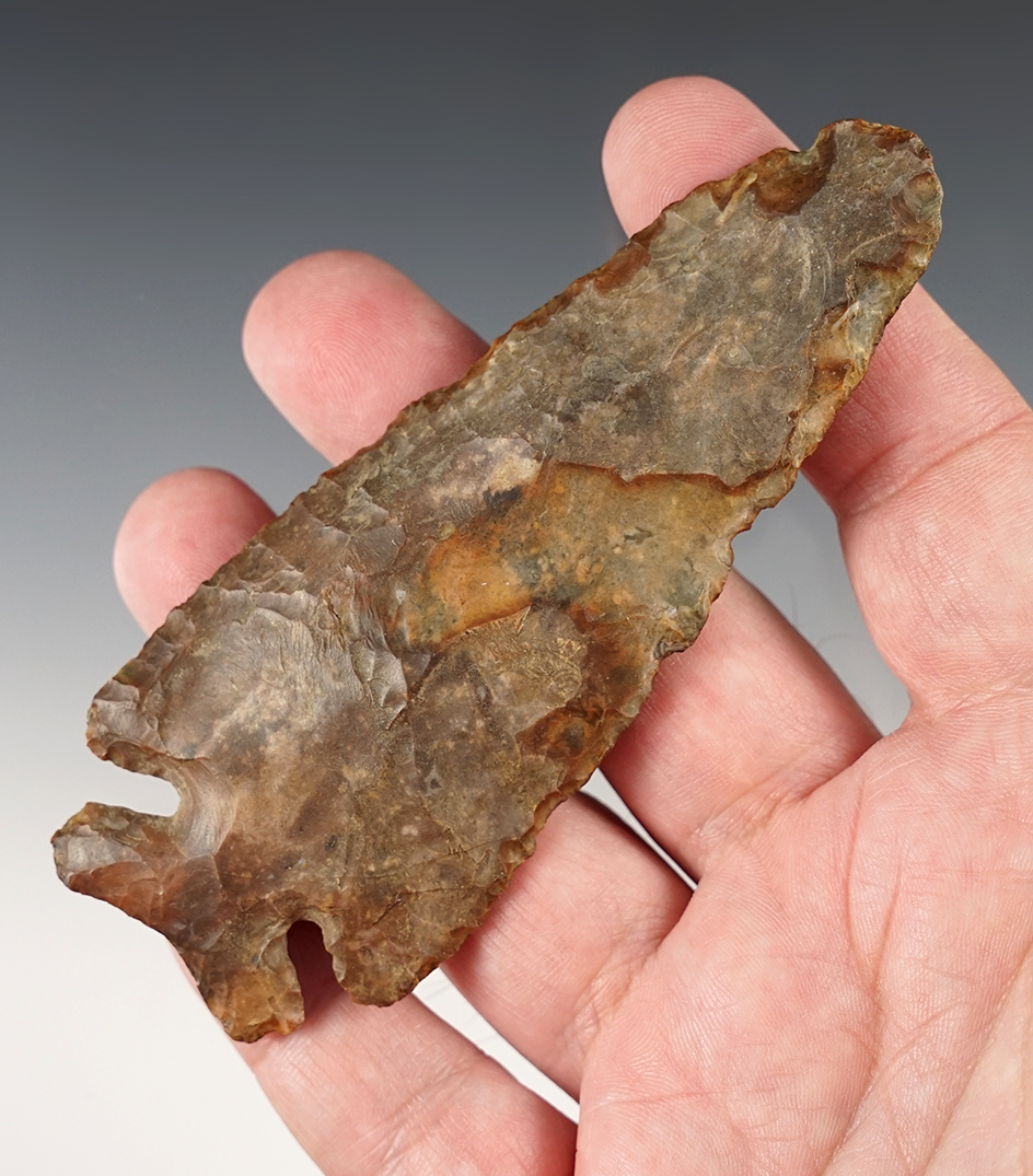 4 3/8" heavily patinated Thebes that was reworked in ancient times. Morrow Co., Ohio.