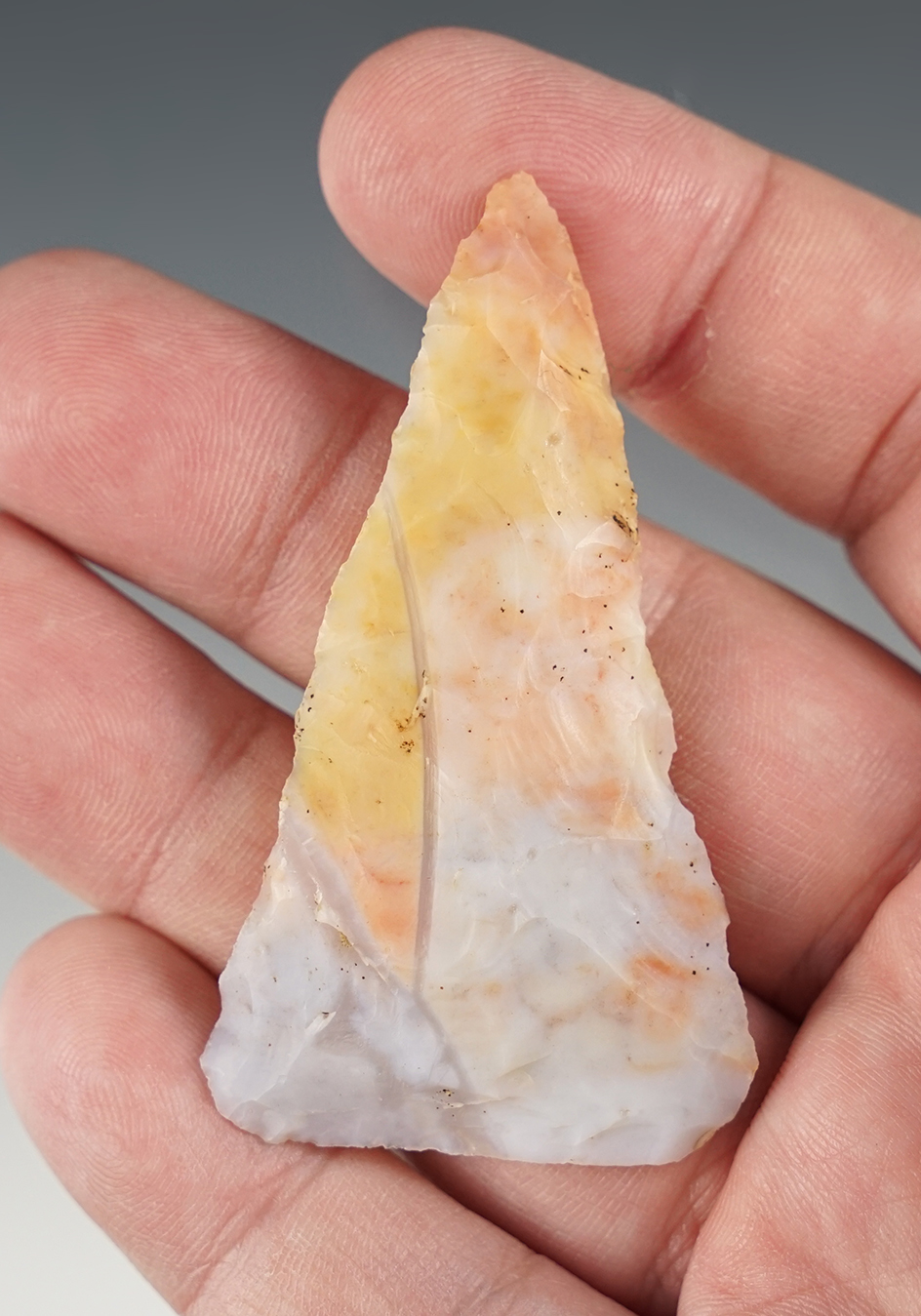 2 1/2" Colorful Triangular Knife made from Flint Ridge Flint. Found in Clermont Co., Ohio.