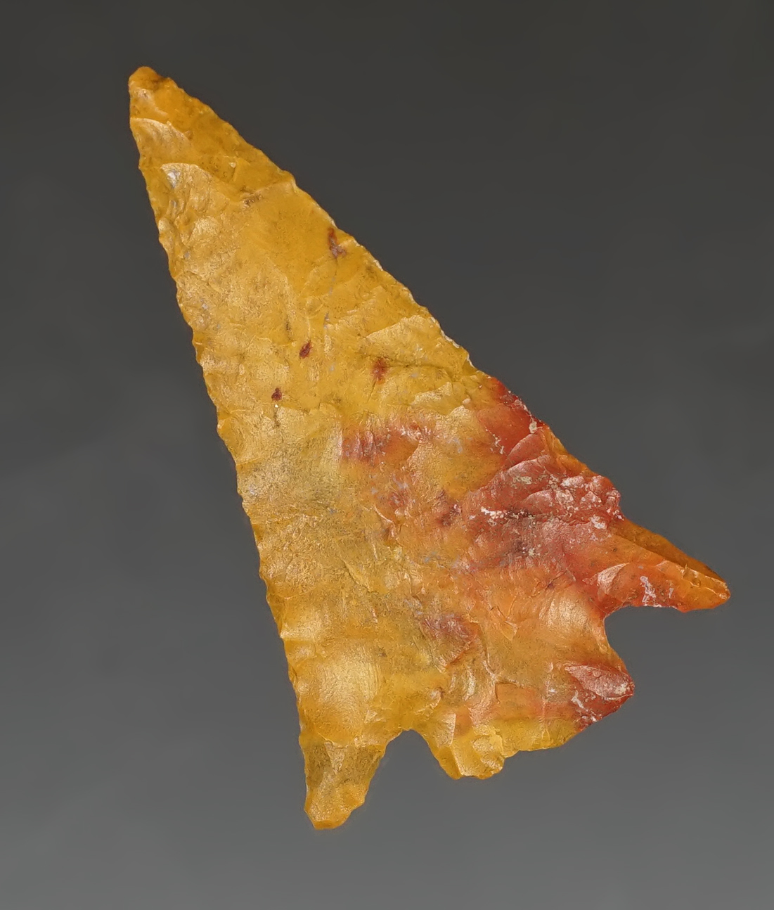 1 7/8" beautifully styled stemmed dart point made from yellow and red Jasper - Western KY