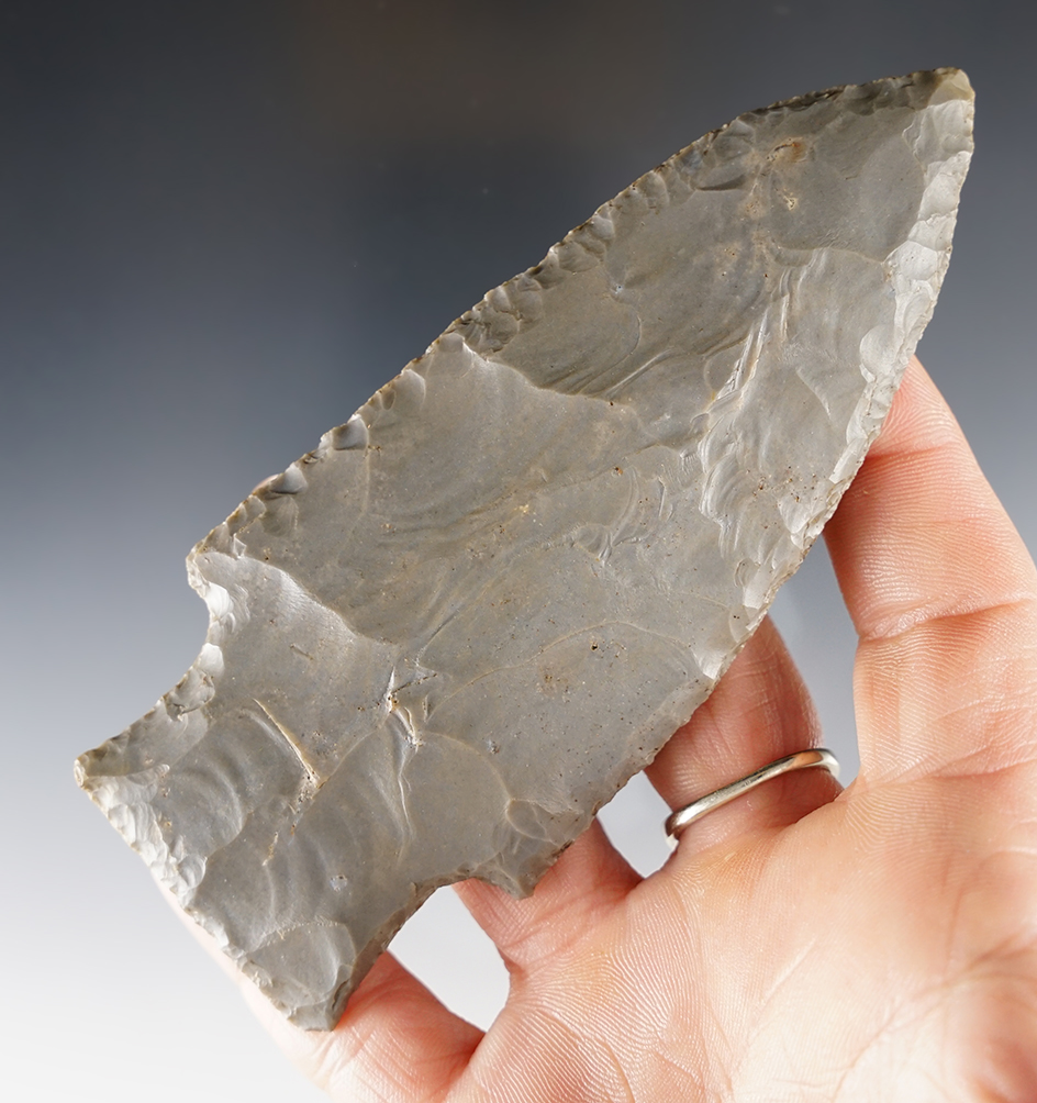 Large and rare 4 11/16" unsharpened Hopewell. Found in 1927 Warren Co., Ohio. Pictured.