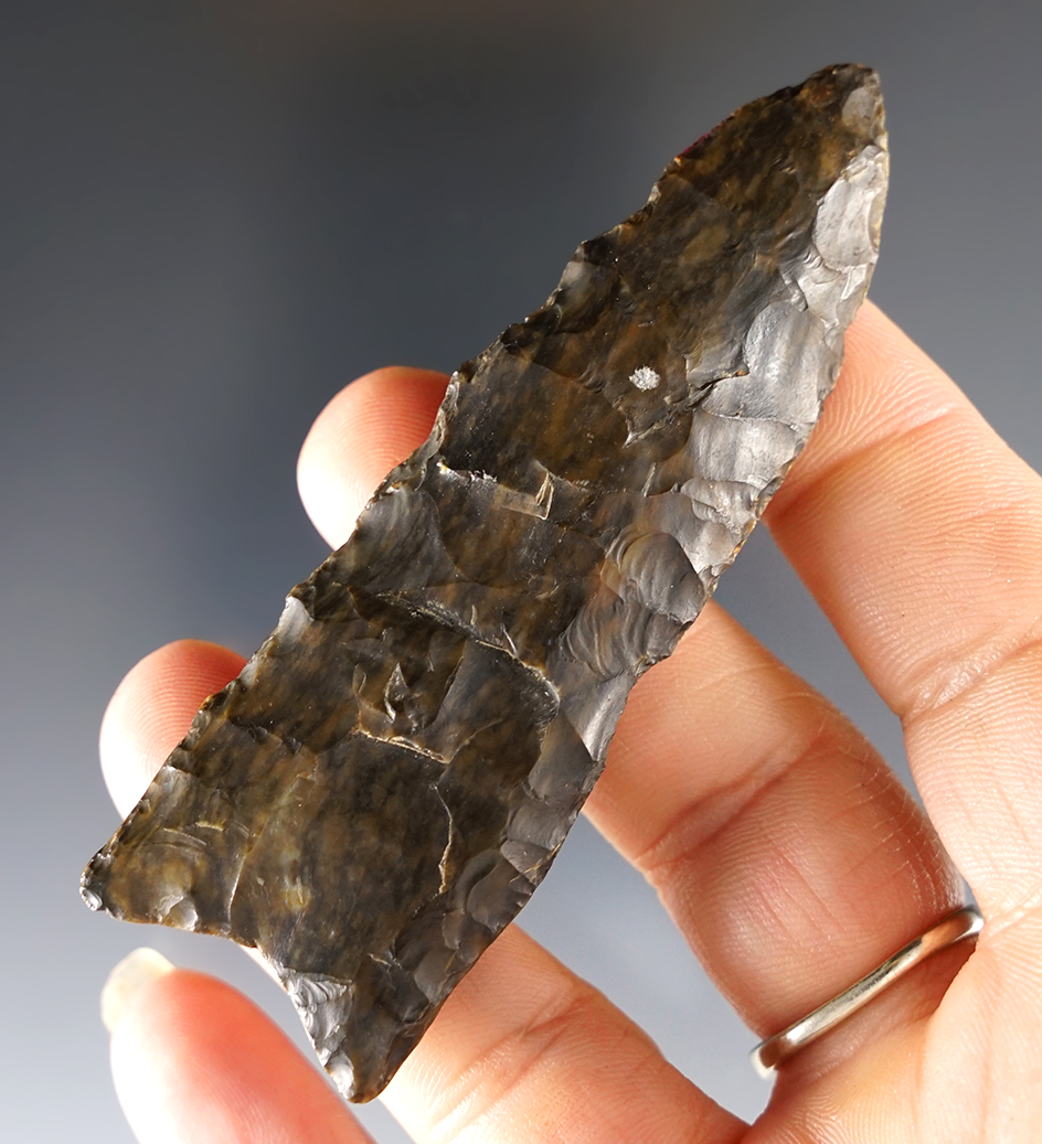 3 1/4" Paleo Fluted Clovis - Pickaway Co., Ohio. Coshocton Flint. Ex. Jack Hooks collection.