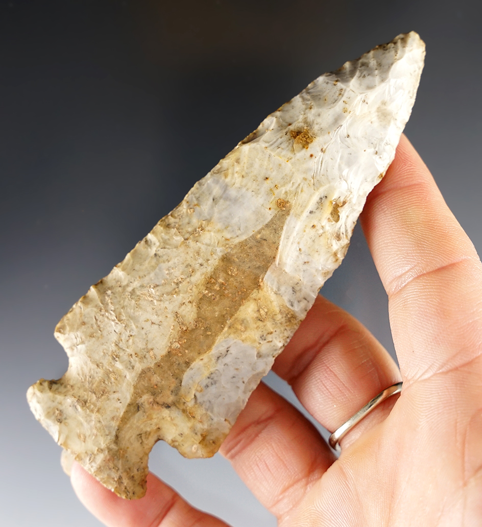 Nice 4 3/16" heavily patinated Ohio Cornernotch point.