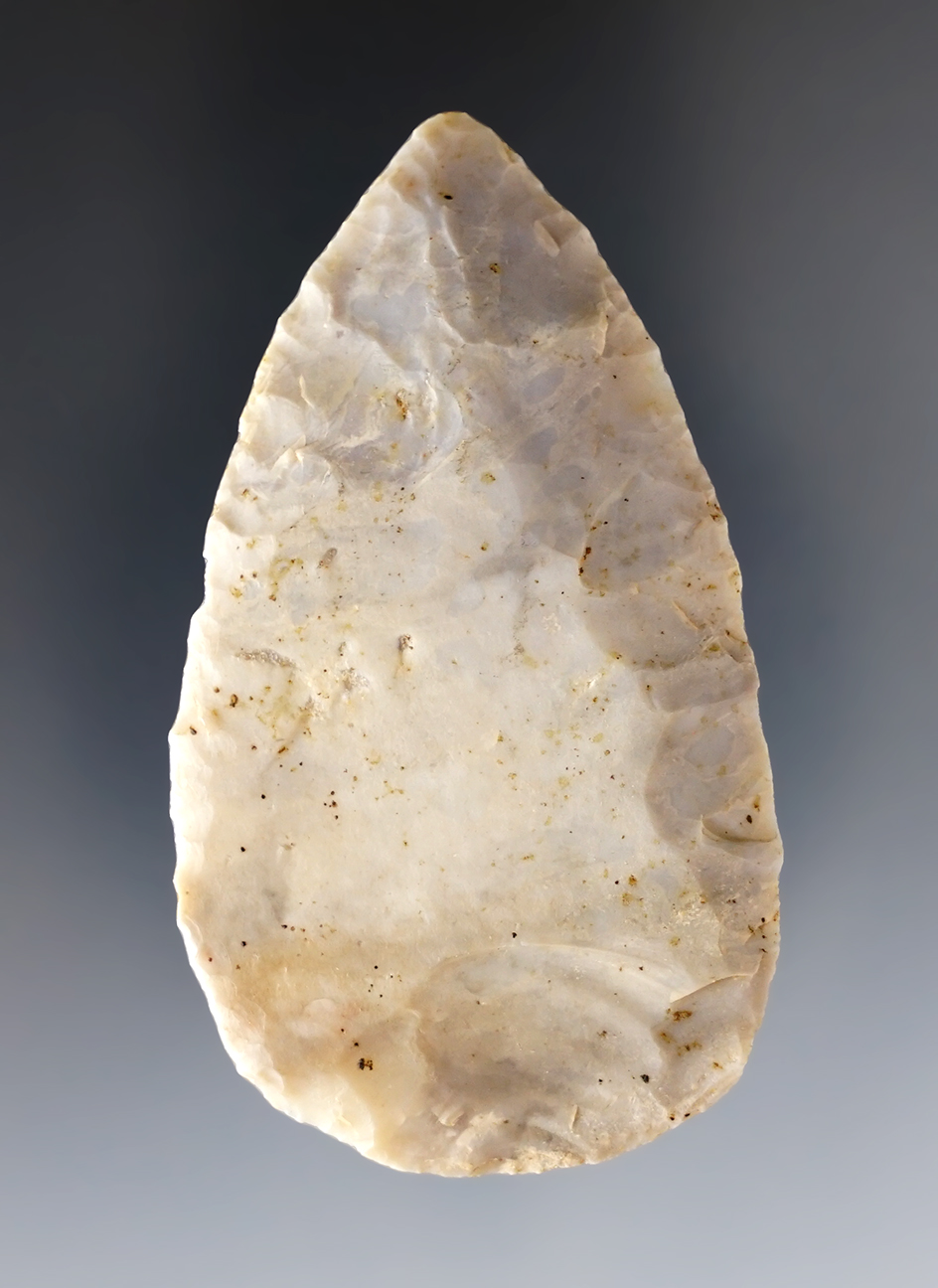 2 5/8" Adena Blade - unifacially worked. Found on Iden Farm, Licking Co., Ohio by Converse.