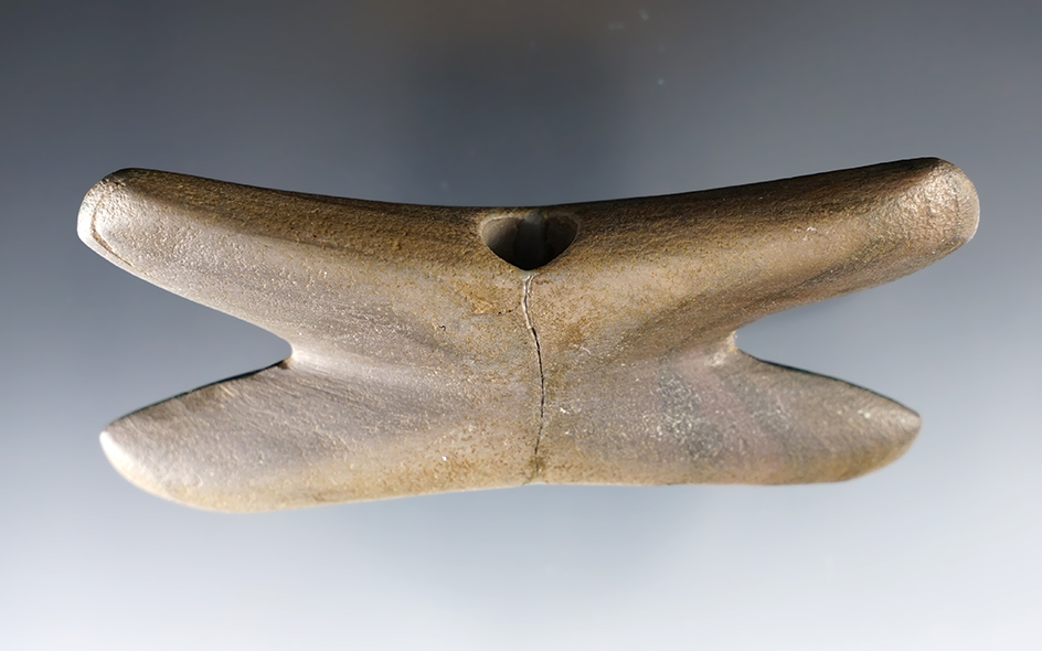 Highly stylized 4" Reel Bannerstone - Glued. Found Fulton Co., Ohio. Ex. Dr. Gordon Meuser.