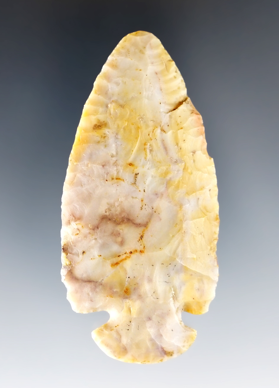 Exceptional 2 7/8" Dovetail made from colorful Flint Ridge Flint. Found in Hardin Co., Ohio.