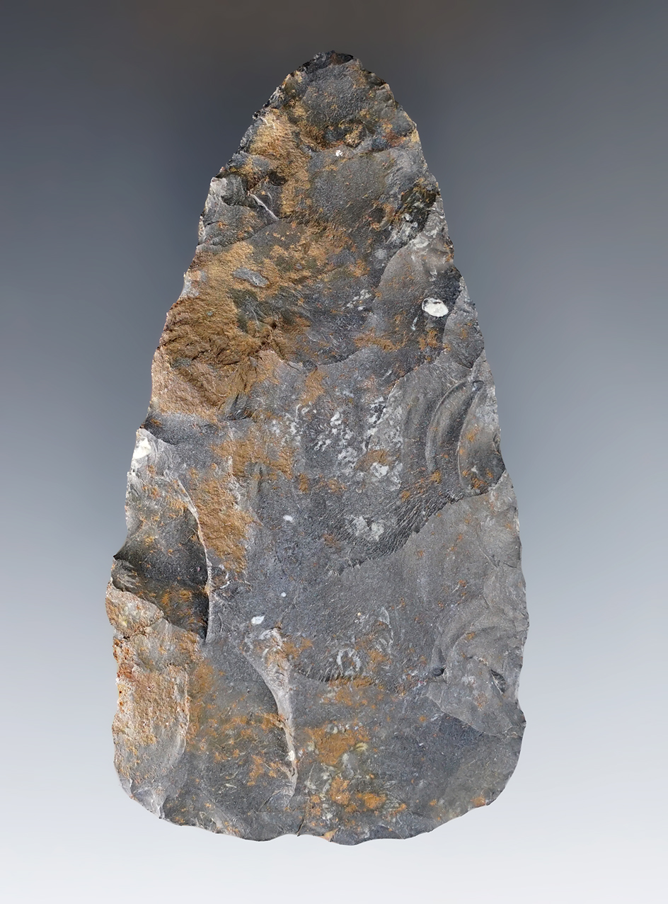 3 9/16" Cache blade made from Coshocton Flint. Heavy mineral deposits on surface.