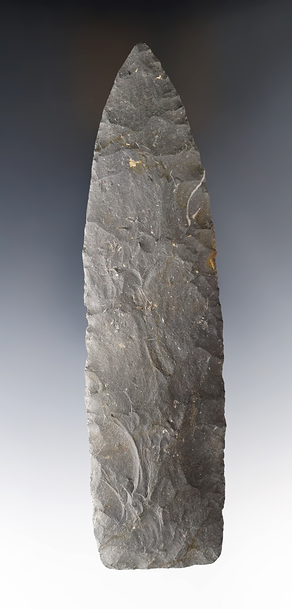 6 5/16" Plano blade made from Nellie variety Coshocton Flint. Nicely ground base.