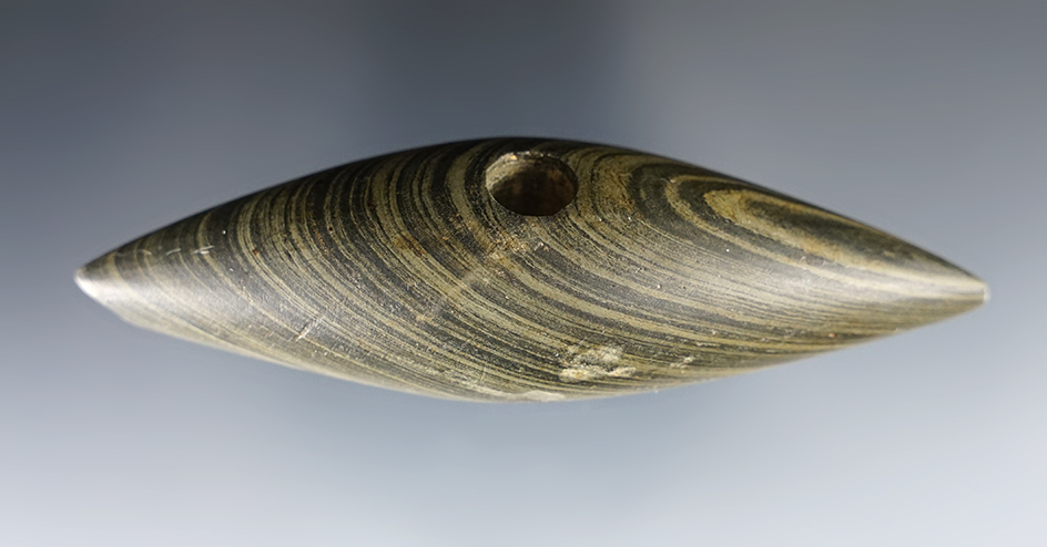 3 7/8" Pick Bannerstone made from beautifully banded glacial slate found in Warren County Ohio. Ex. Virgil Doughty, Roger Mayne, Don Jardine, David Root, Frank Foremny.