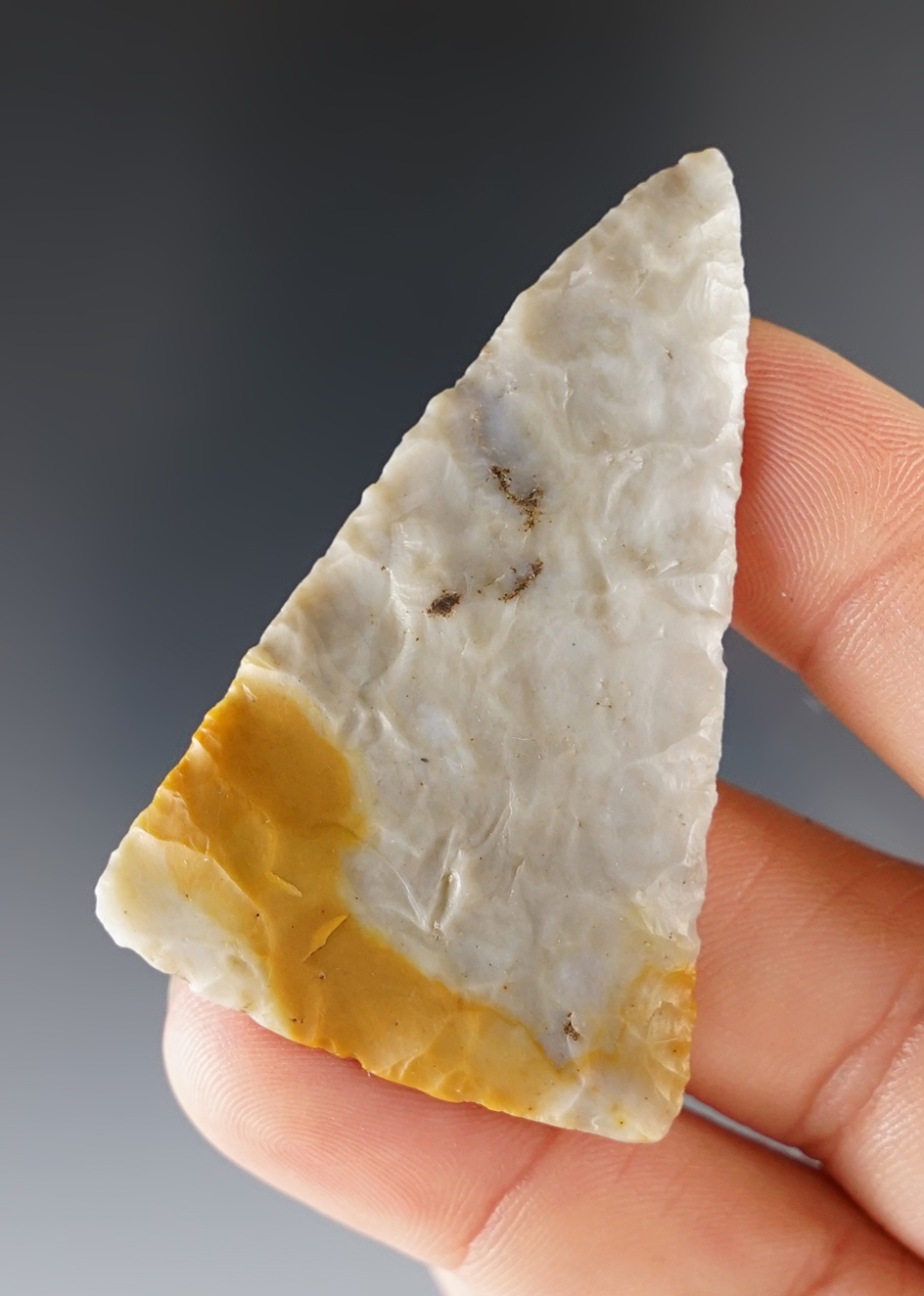 2 3/16" Triangular Blade made from beautiful Flint Ridge Flint. Ex. Ron Sauer collection.