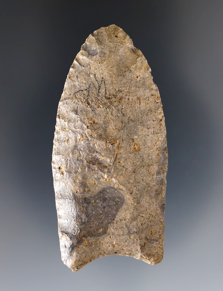 Fine 2 1/4" Paleo Fluted Point made from patinated Onondaga Chert. Ex. Sadowski 