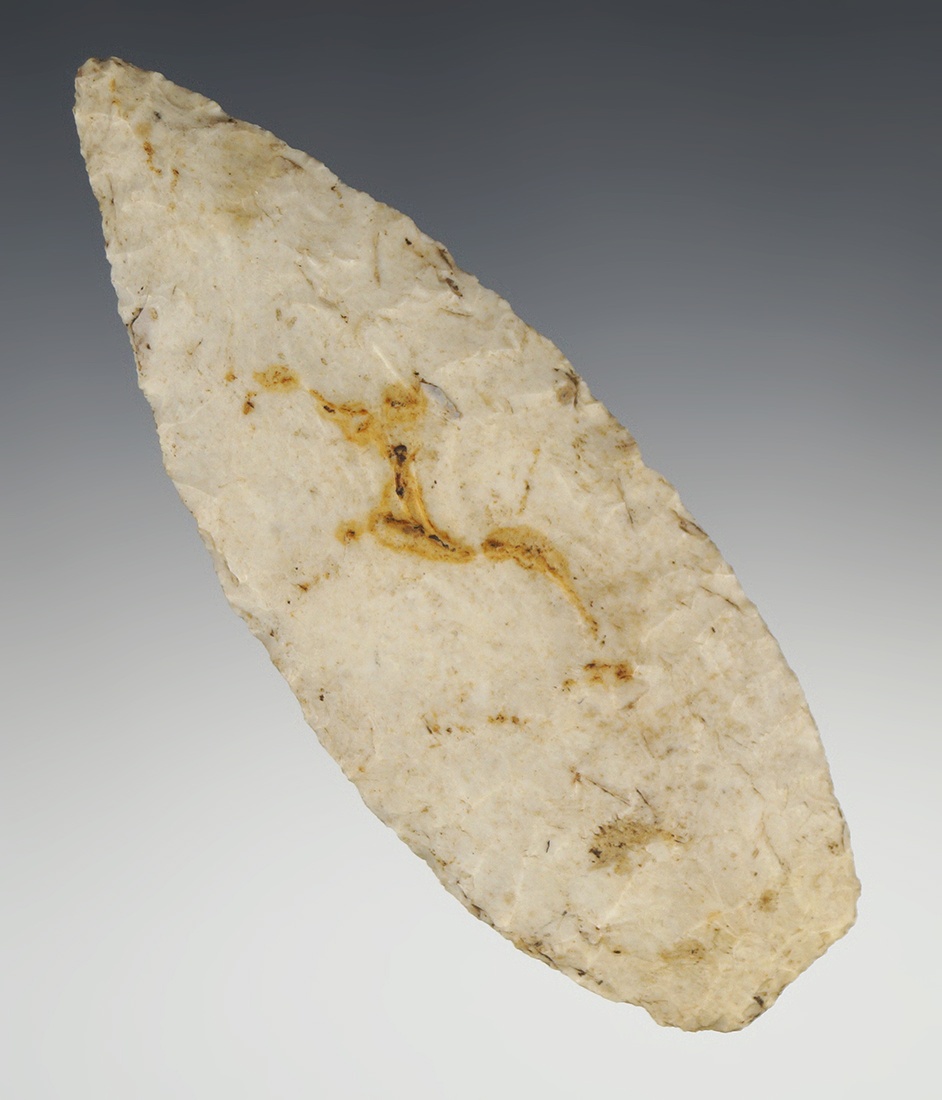 4 3/4" Red Ochre Blade made from Burlington Chert, found in Illinois. Ex. Charles Kelly. COA.