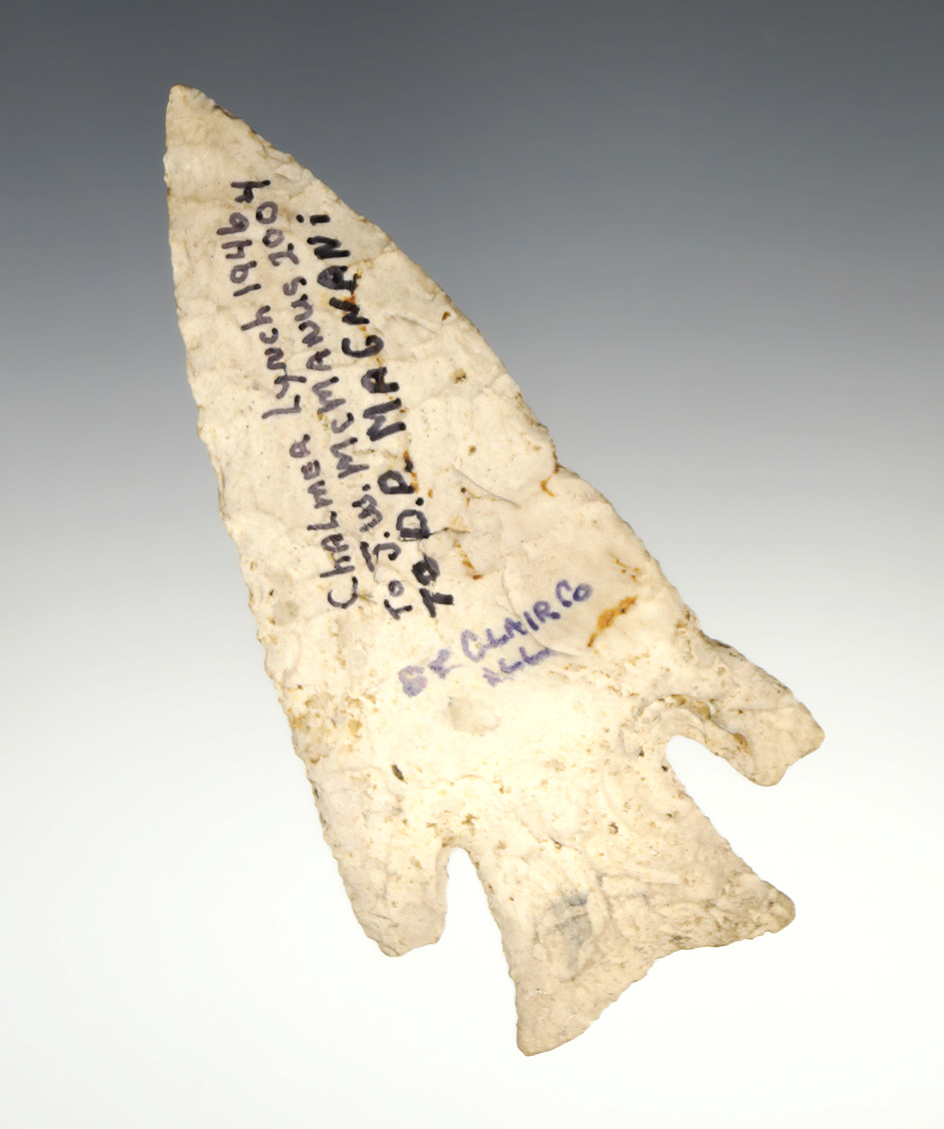 3 7/8"   Hardin - Burlington Chert found  by Chalmer Lynch in St. Clair Co., Illinois. Stermer COA.