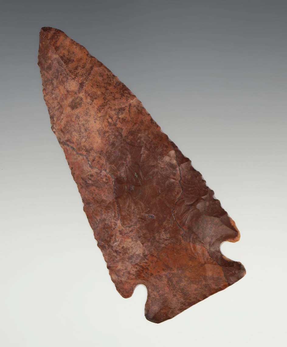 Very colorful 3 1/8" Kirk Cornernotch - beautiful heat-treated Jasper - Kentucky.  Dickey COA.