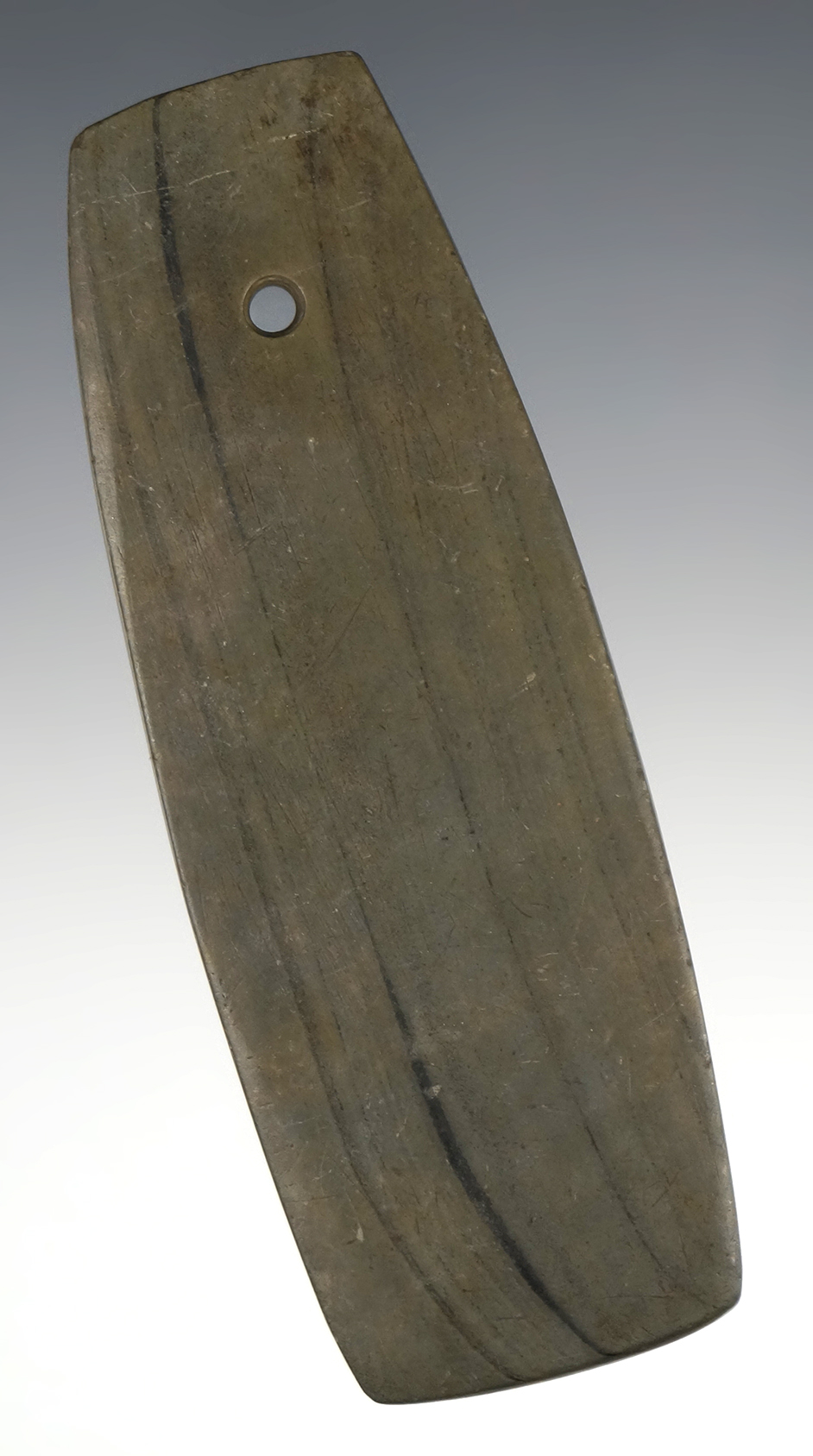 3 3/4" Banded Slate Trapezoidal Pendant found in Geauga Co., Ohio. Ex. Gary Fogelman.