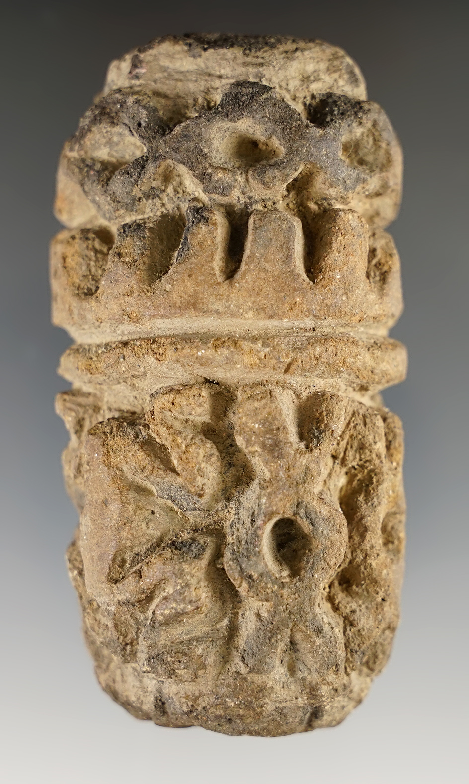 Nicely styled 3 1/8" Pre-Columbian cylindrical stamp in good condition.