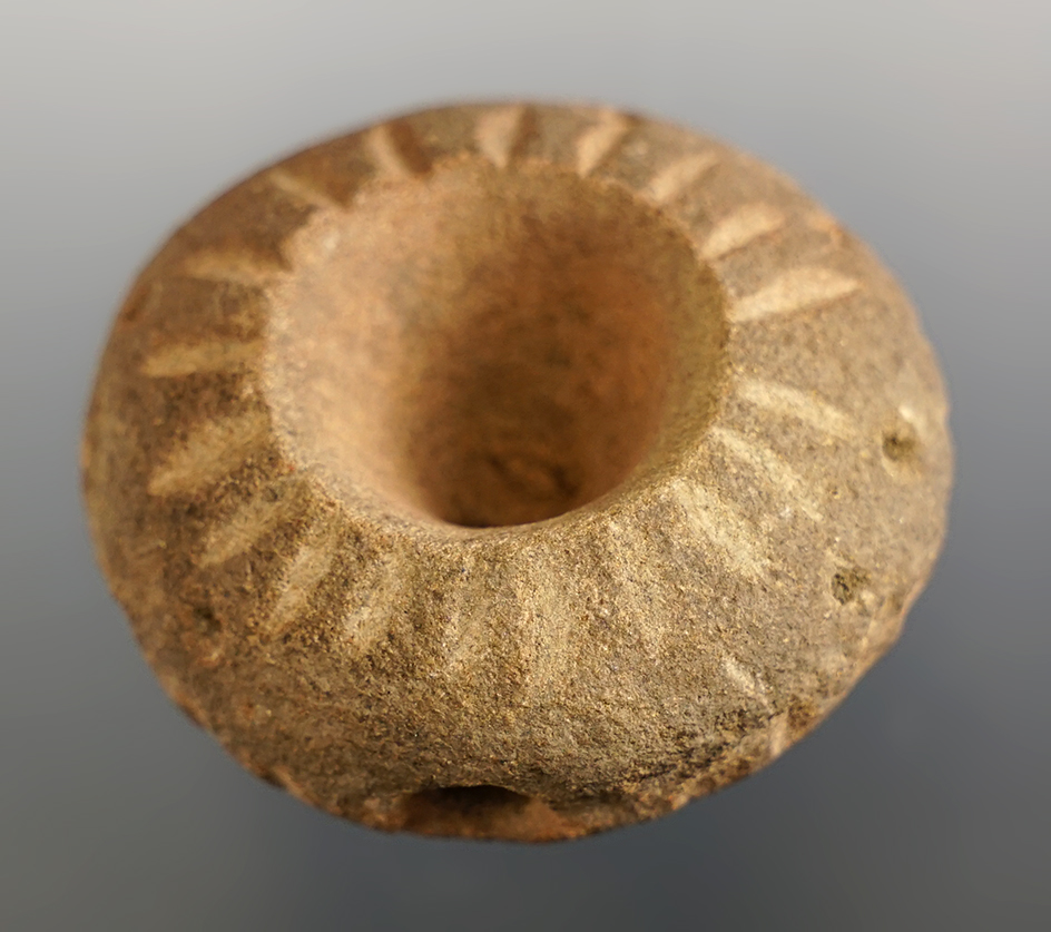 1 13/16" diameter nicely decorated Pre-Columbian Sandstone Pipe.