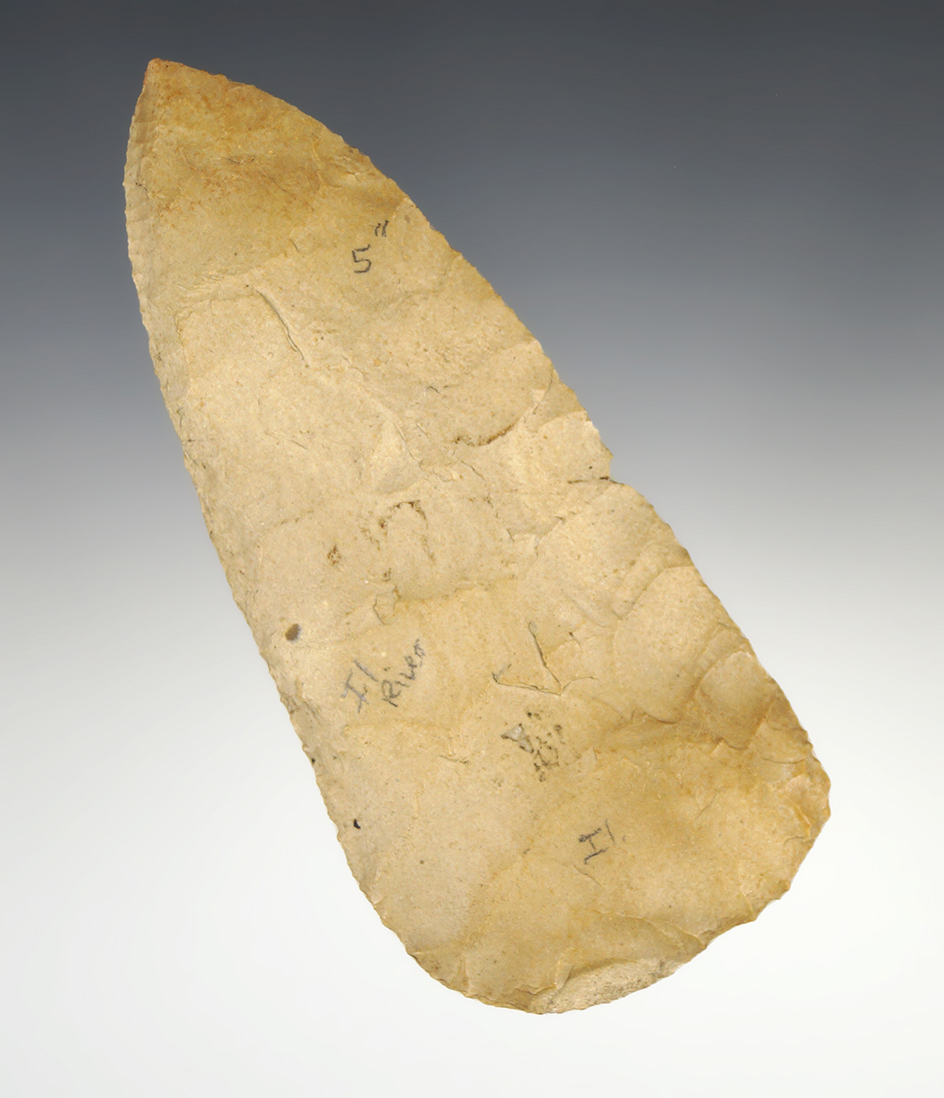 5" Cobbs Blade found near the Illinois River in Greene Co., Illinois. Ex. Rick Adams Collection.