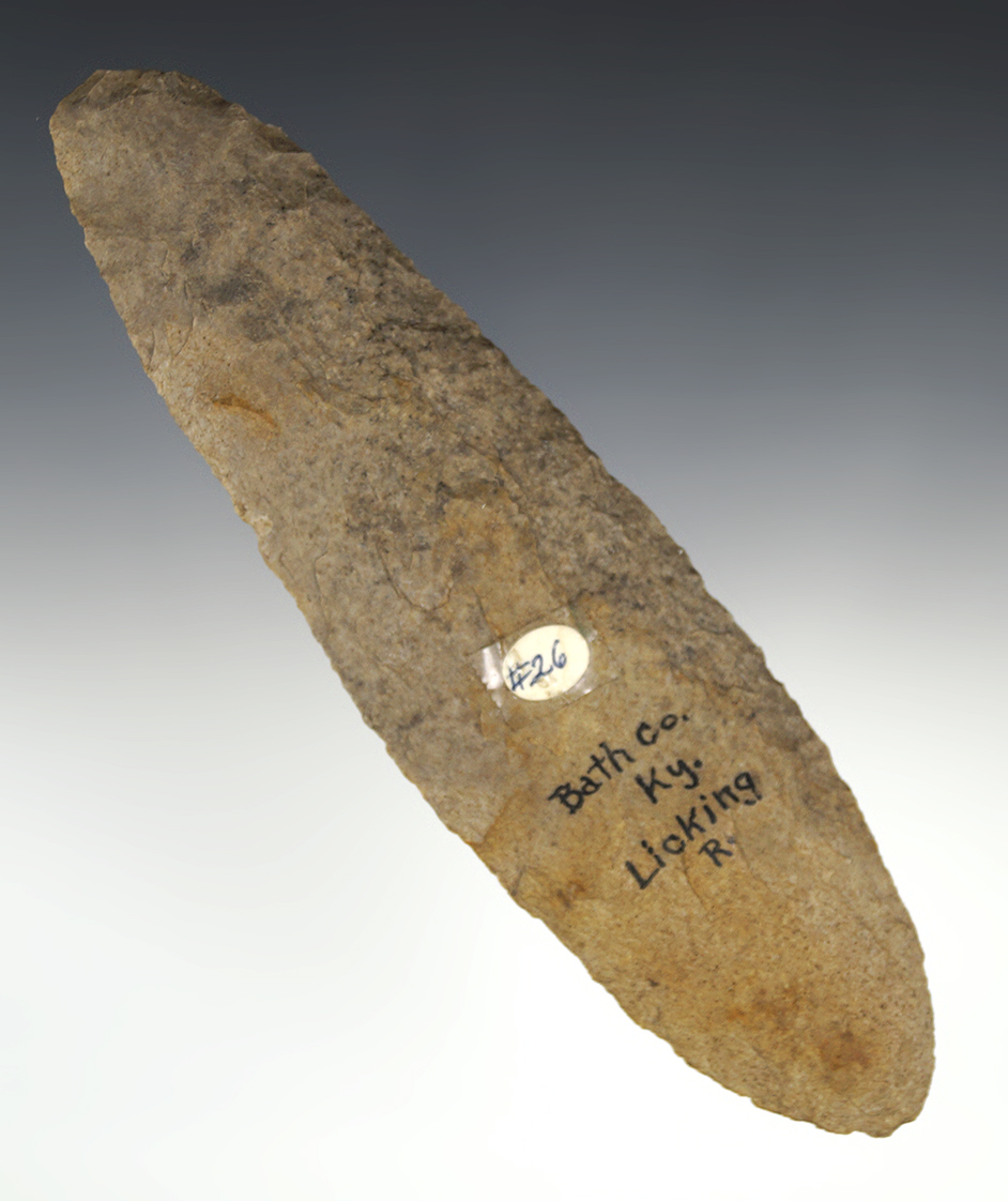 7 1/2" Bi-Pointed Knife - Fossiliferous Chert.  Bath Co., Kentucky. Ex. Cowan Hood . Jackson COA.