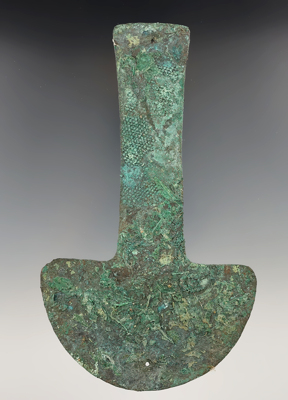 7" copper Tumi with fabric impressions evident in the patina encrustation, circa 100 BC - AD 900