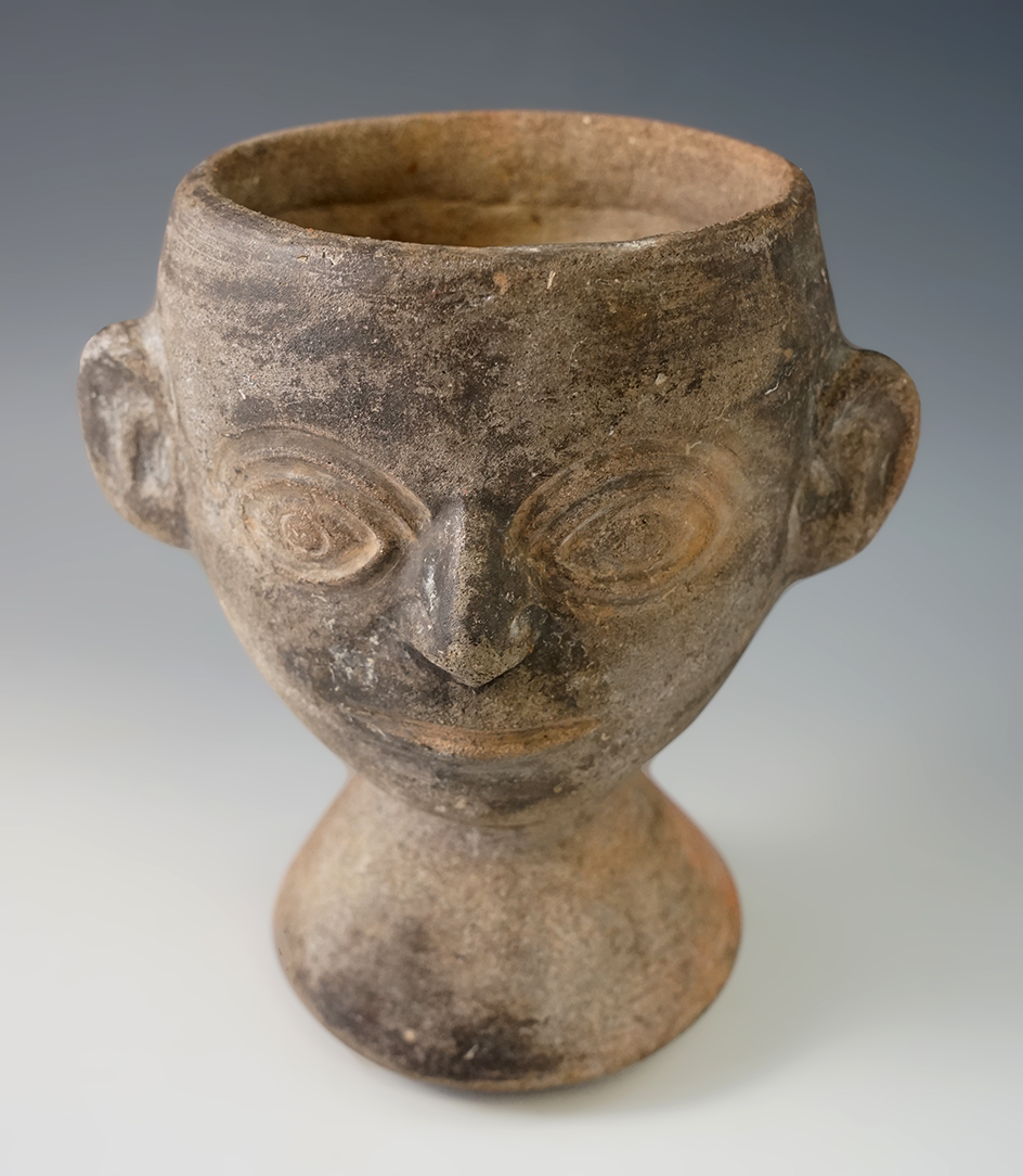 5 3/4" tall pre-Columbian Moche I human face pottery beer cup - rattle base - northern Peru.