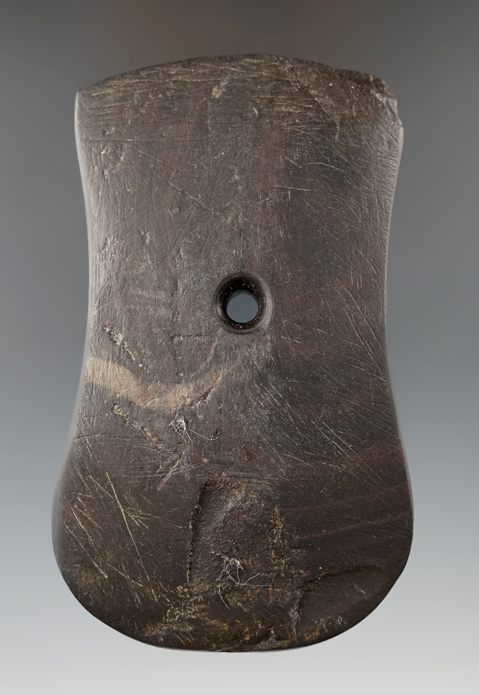 4 1/16" Adena Keyhole Pendant made from Banded Slate, found in Wood Co., Ohio.