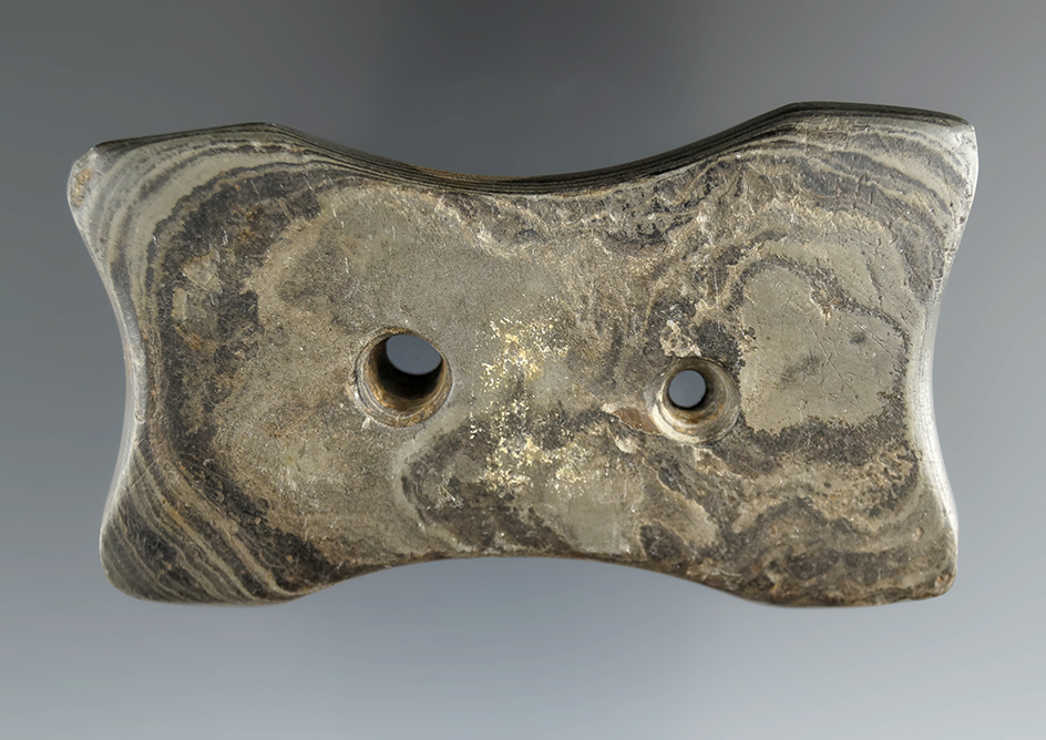 3 1/4" Hopewell Reel Gorget made from green and black Mottled Slate, Mercer Co., Ohio.