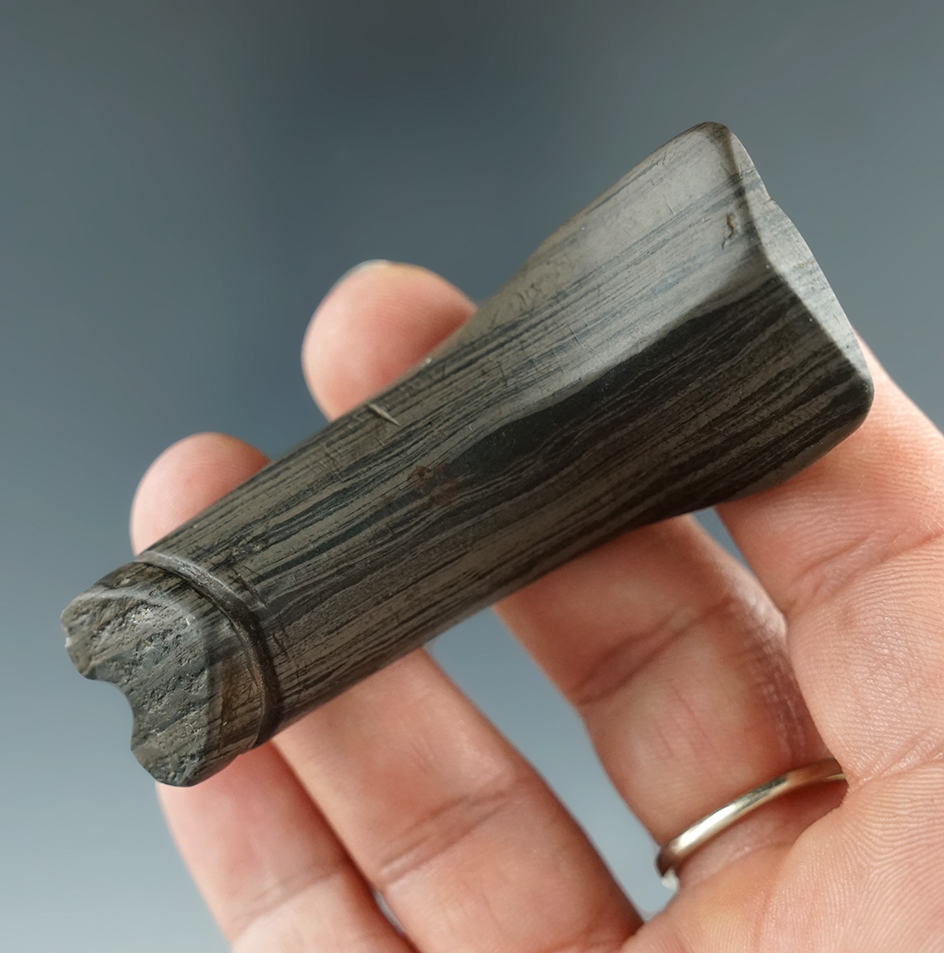2 3/8" long banded glacial slate Birdstone - anciently broken and salvaged - Noble Co., Indiana.