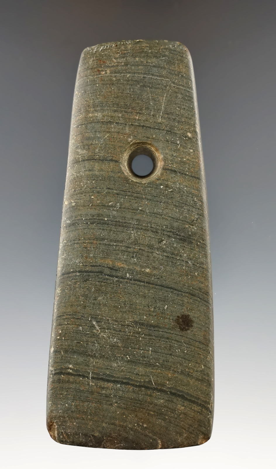 4 1/16" trapezoidal pendant found in Ohio. Ex. Len Weidner, John May collections.