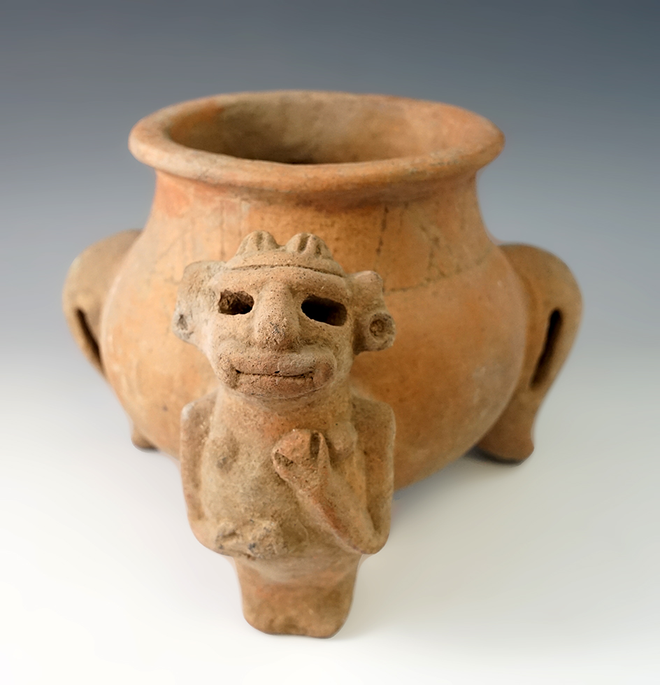 8" wide Colima culture pre-Columbian tripod pottery vessel with an exotic human effigy figure