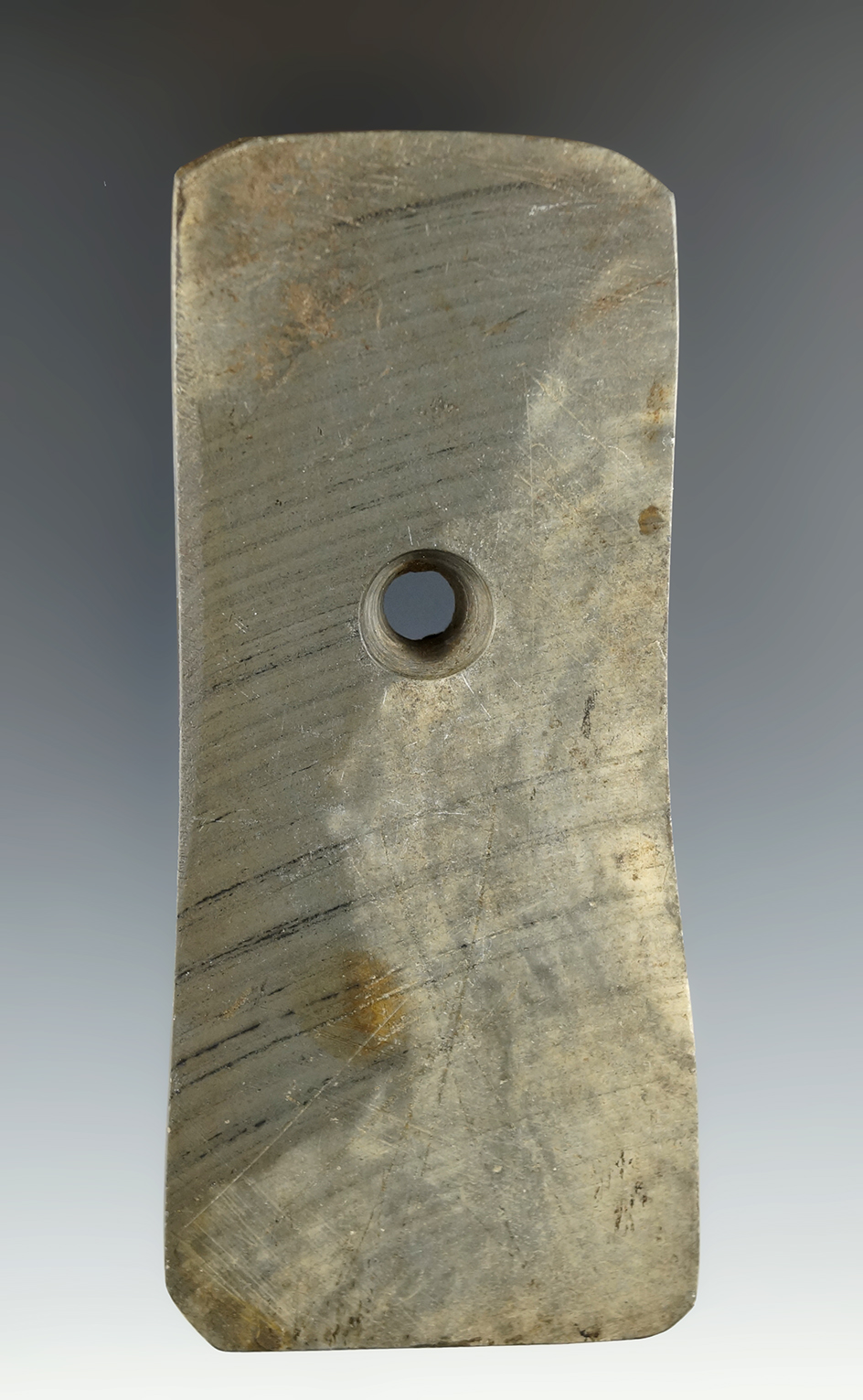 4 1/8" Adena Bell Pendant made from green and black Banded Slate, found in Summit Co., Ohio.