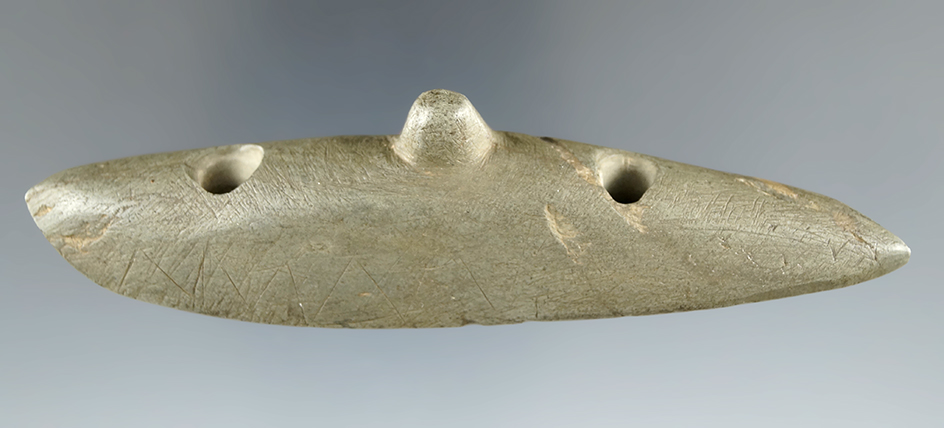 3 3/4" Banded Slate Submarine Style Glacial Kame Spineback Gorget. Ex. Frank Pike Collection.