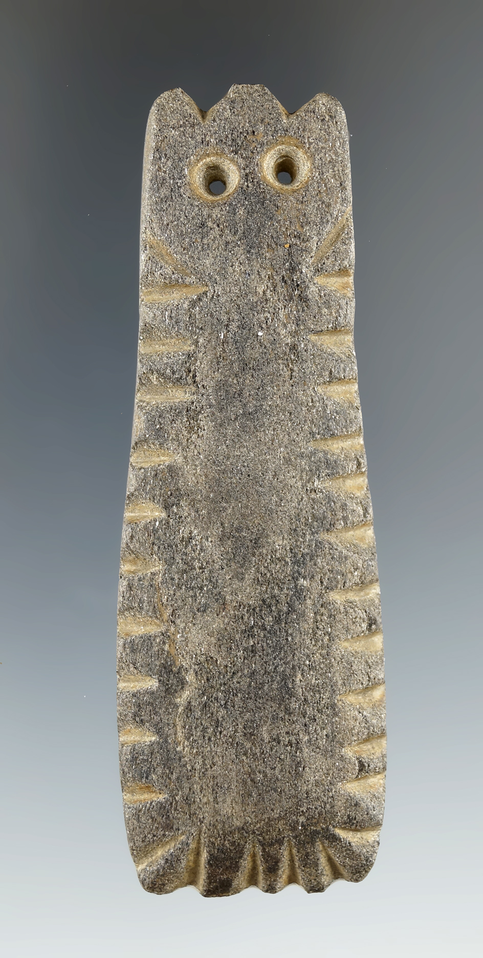 Rare 3 1/4" Owl Effigy Pendant made from Schist with tallies and suspension holes as eyes.