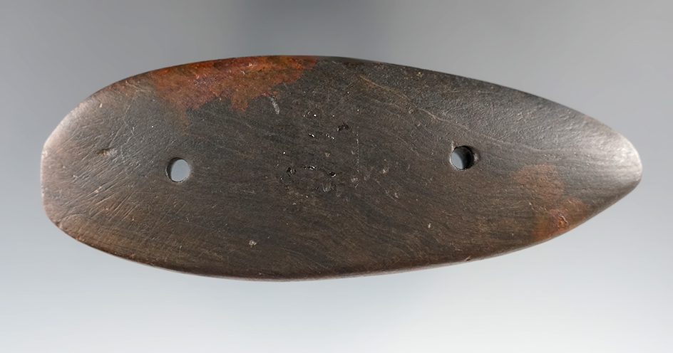 4 1/2" brown banded slate Gorget found in Erie Co., Ohio. Ex. Hooks, Bartlett, John May.