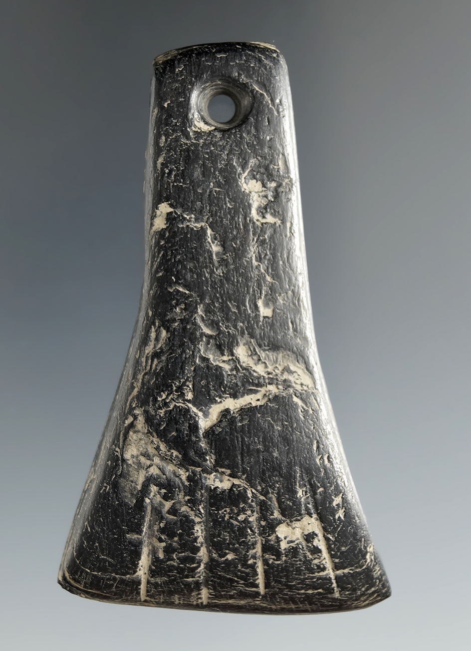 2 13/16" Fort ancient culture Cannel coal pendant with nice engravings on surface found in Ohio.