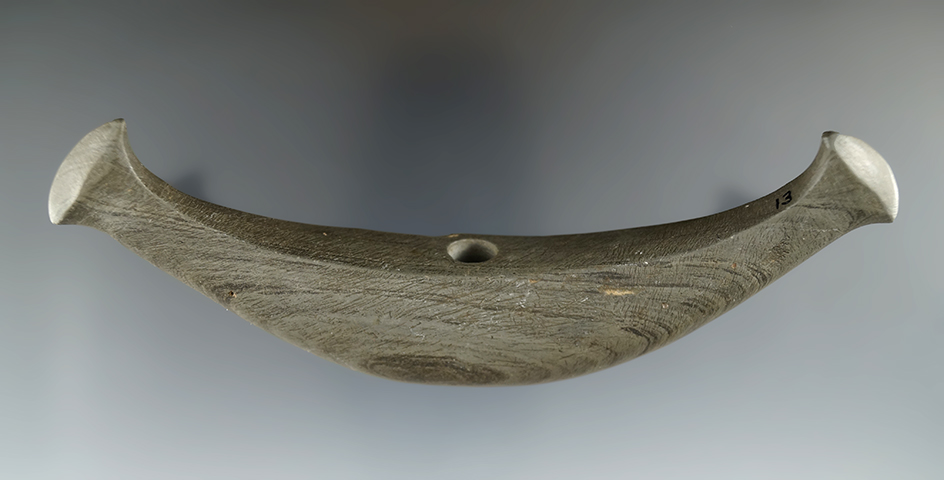 5 5/8" Archaic Knobbed Crescent made from green and black Banded Slate. Pictured