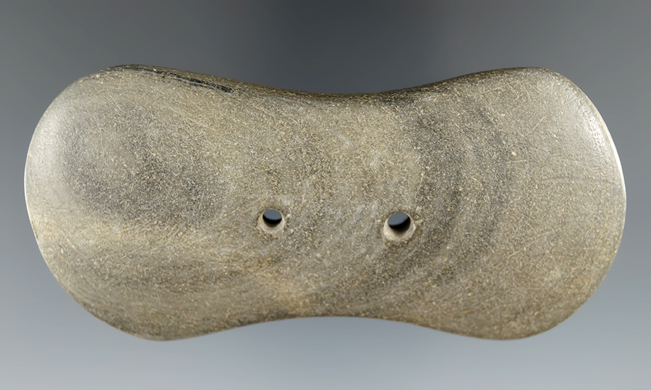 4 1/8" Adena Bi-Concave Gorget made from green and black Banded Slate,  Ross Co., Ohio.